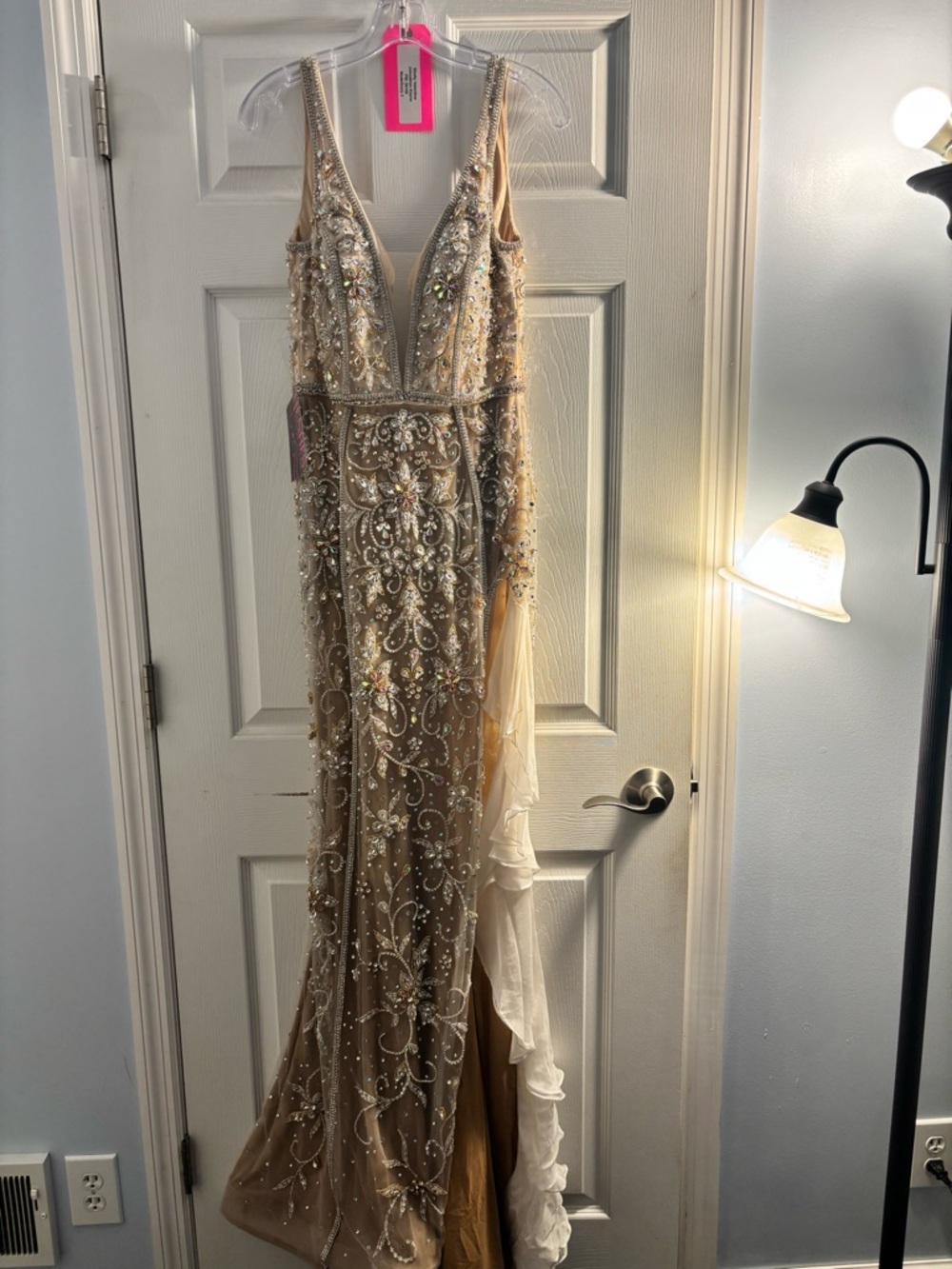 Johnathan Kayne Champagne Beaded V-Neck Prom Gown